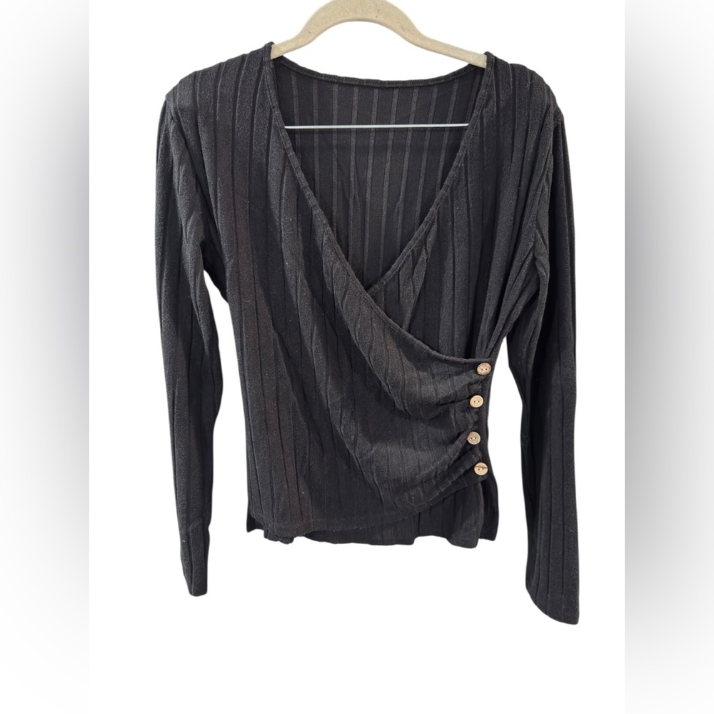 ✨ 5/$30 ✨ Black Faux Wrap Top with Button Detail